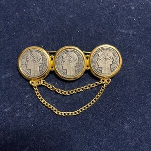 Vintage Francaise Chatelaine Coin Gold-Tone Triple Coin Chain Brooch -Elegant